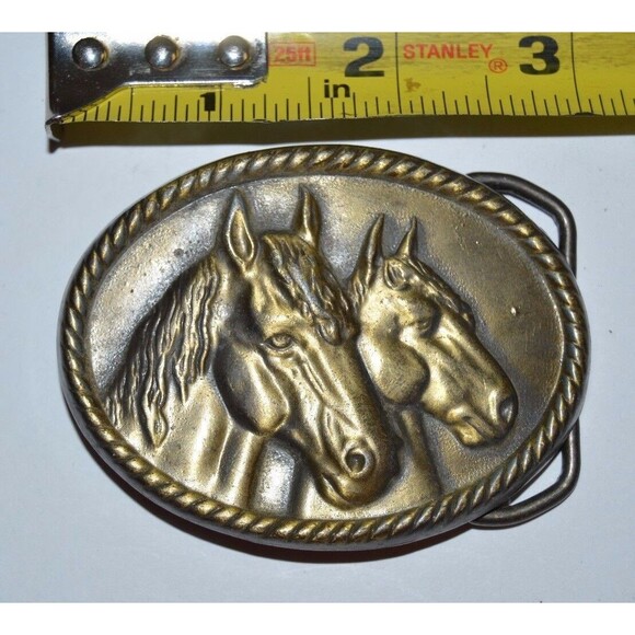 Vintage Equestrain Two Horses Roped Edge Western Brass Tone Belt Buckle Rare - Picture 5 of 5